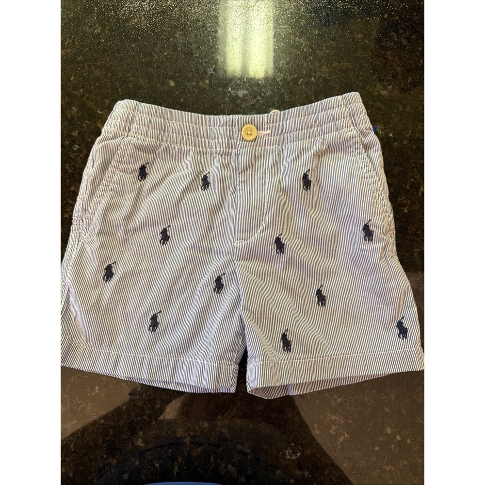 Ralph Lauren Polo Shorts Sz 5t Seersucker Blue Preppy All Over Horse